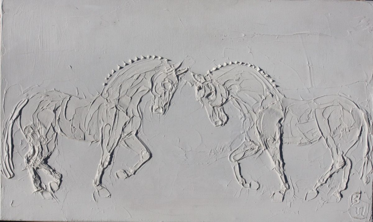 Lipizzaners 30 Cm X 50 Cm Sculpted Titanium White Oil Paint On Canvas 2008