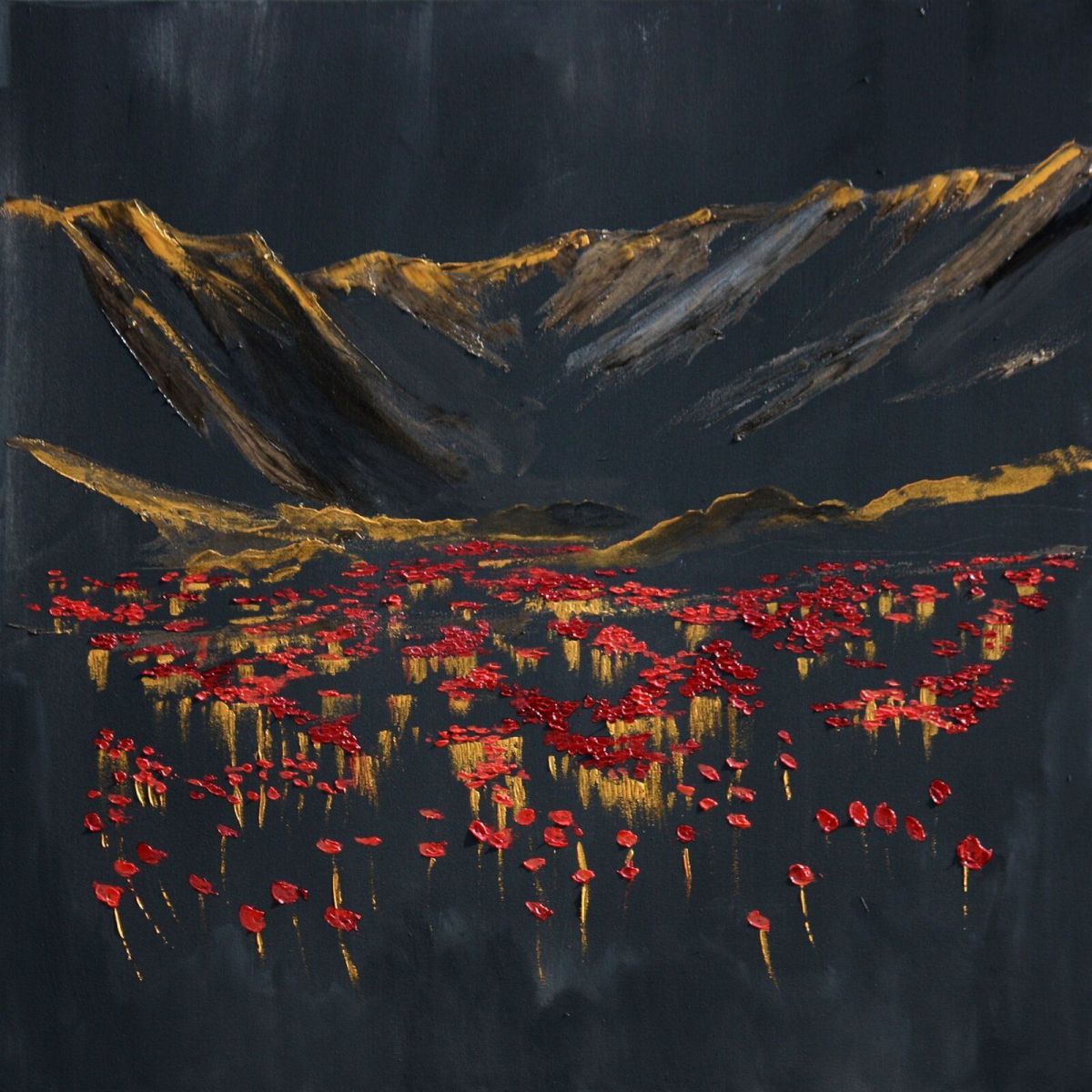 Mountains and Poppy Field Landscape 70 Cm X 70 Cm Oil On Canvas 2020