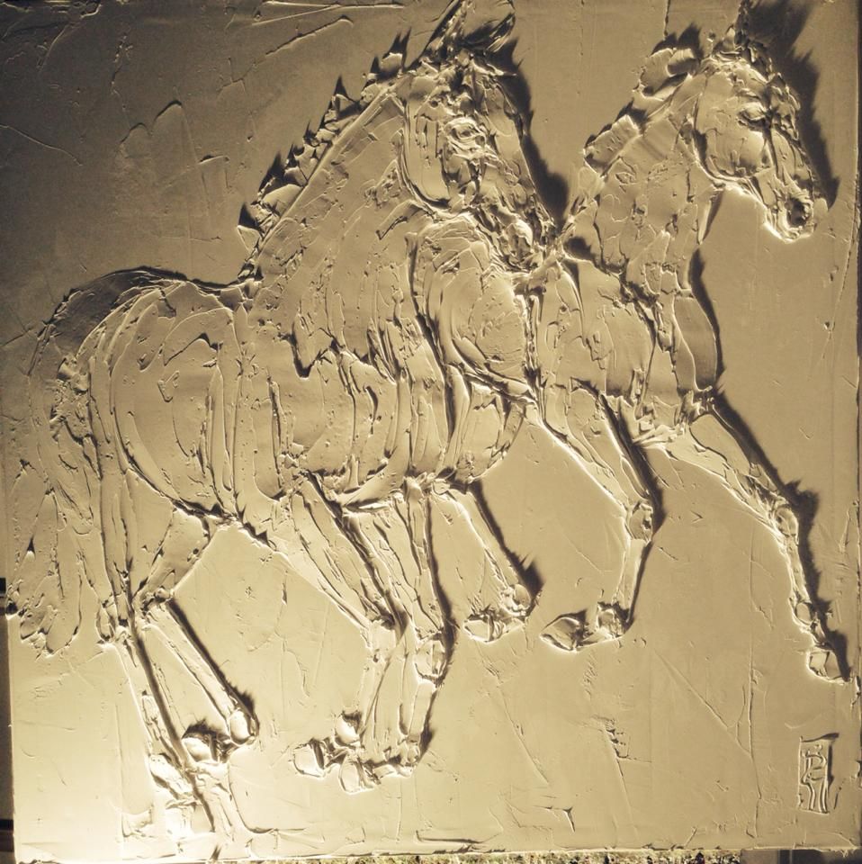 Chevaux Sauvage 90 Cm X 90 Cm Huile Sculptee Sur Toile 2016